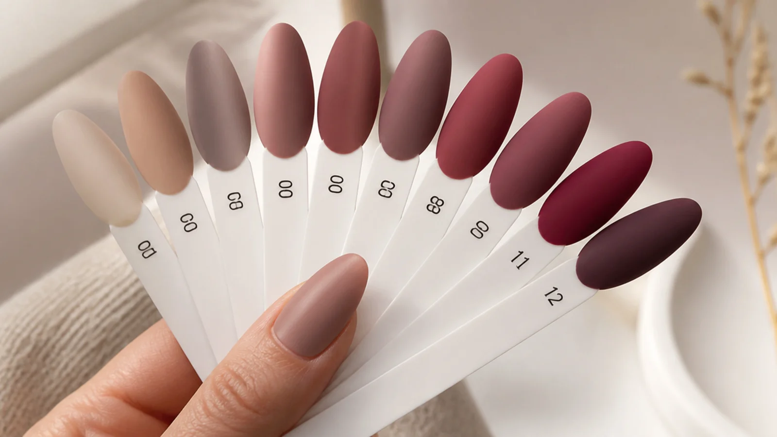 A fan of matte nail swatches in seasonal colors from nude to burgundy