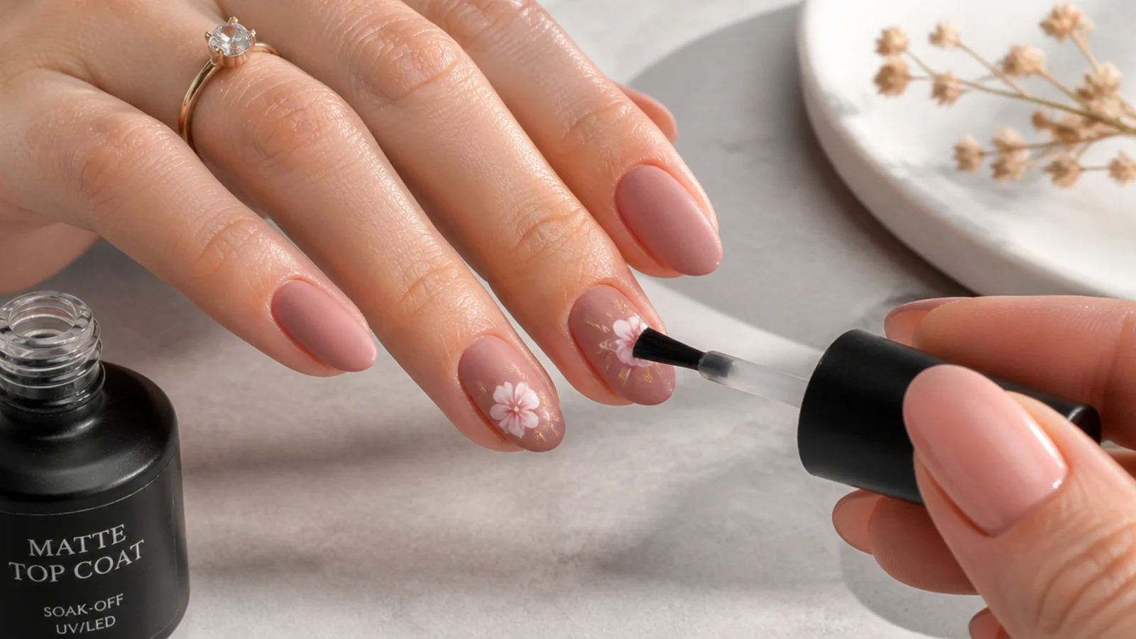 A matte gel top coat being brushed over cured gel color at home