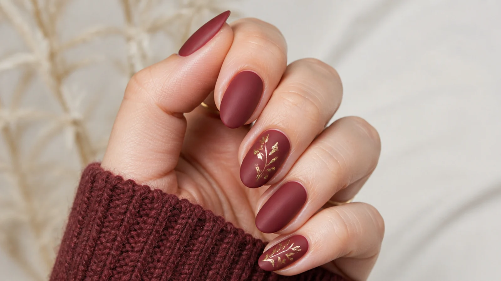 Matte burgundy wine nails on a short almond shape