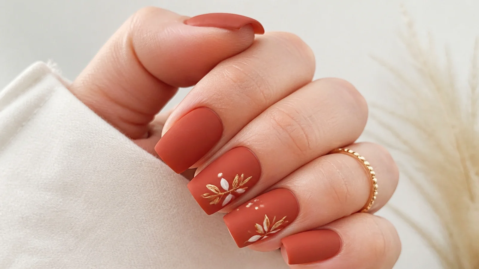 Warm matte terracotta rust nails on a squoval shape