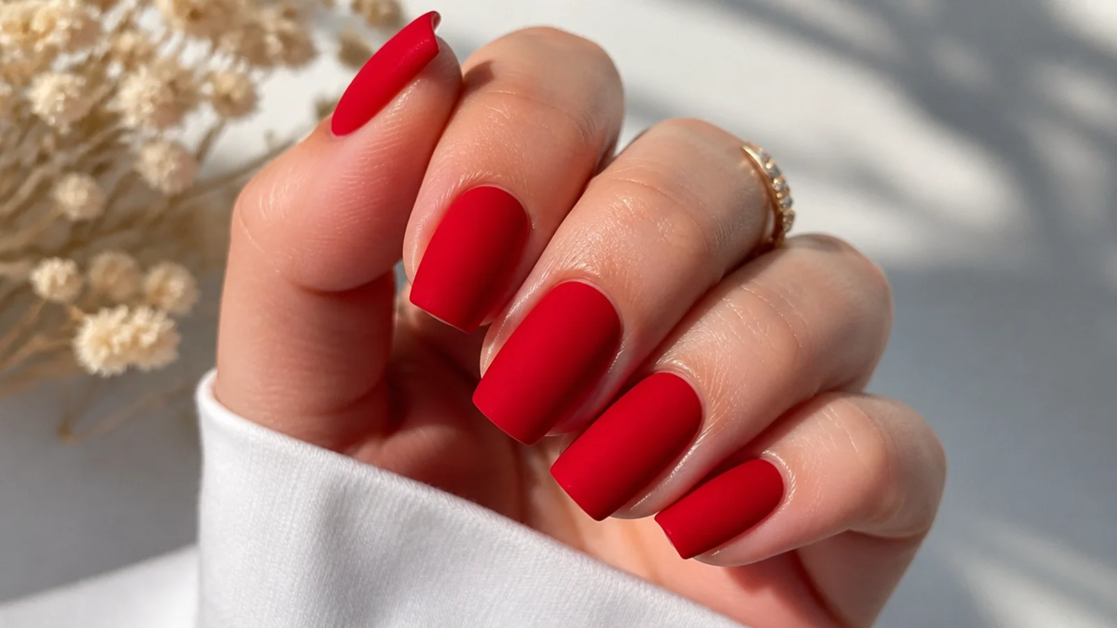 Bright matte cherry red nails on a square shape