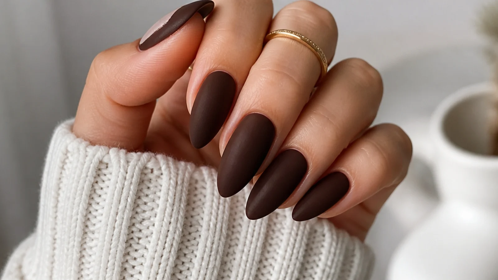 Rich matte chocolate brown nails on an almond shape