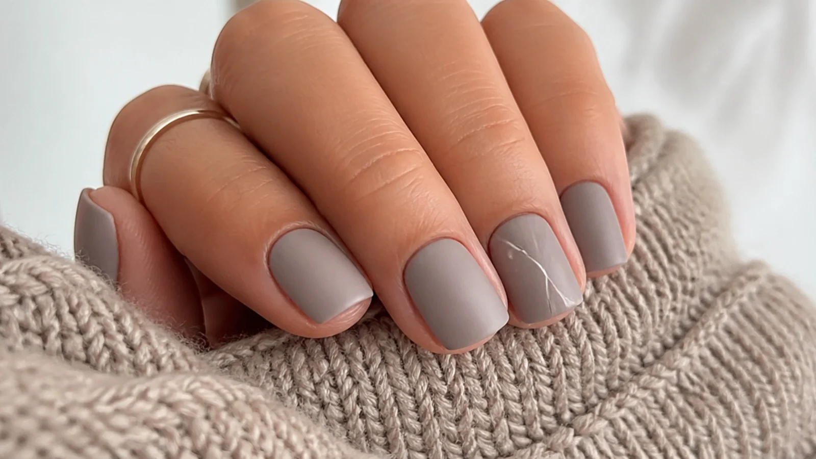 Soft matte greige gray nails on a short square shape
