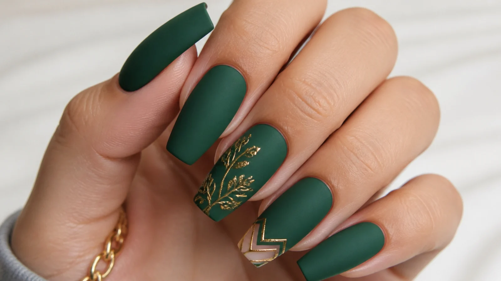 Jewel-toned matte emerald green nails on a coffin shape