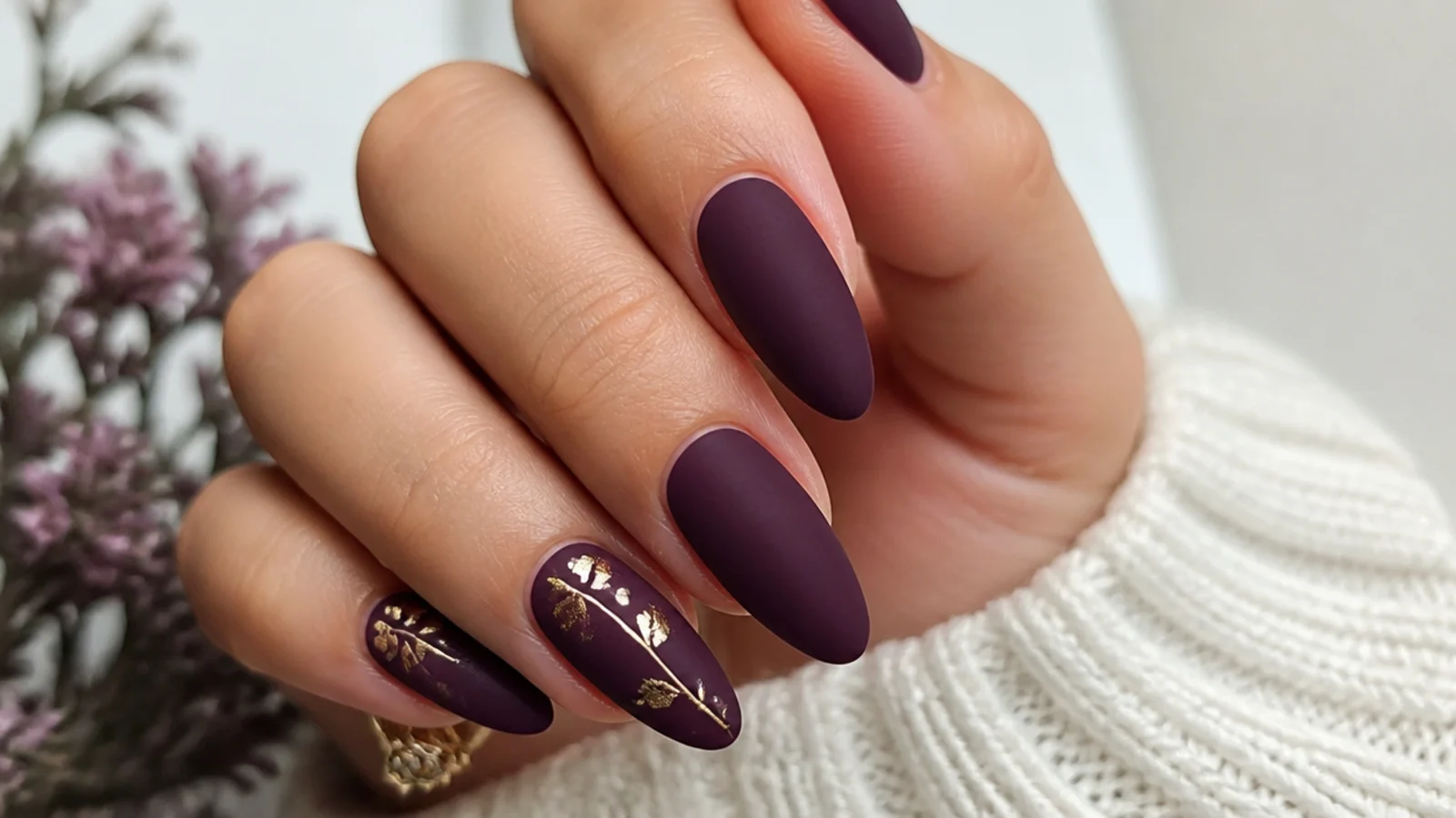 Deep matte plum purple nails on an almond shape