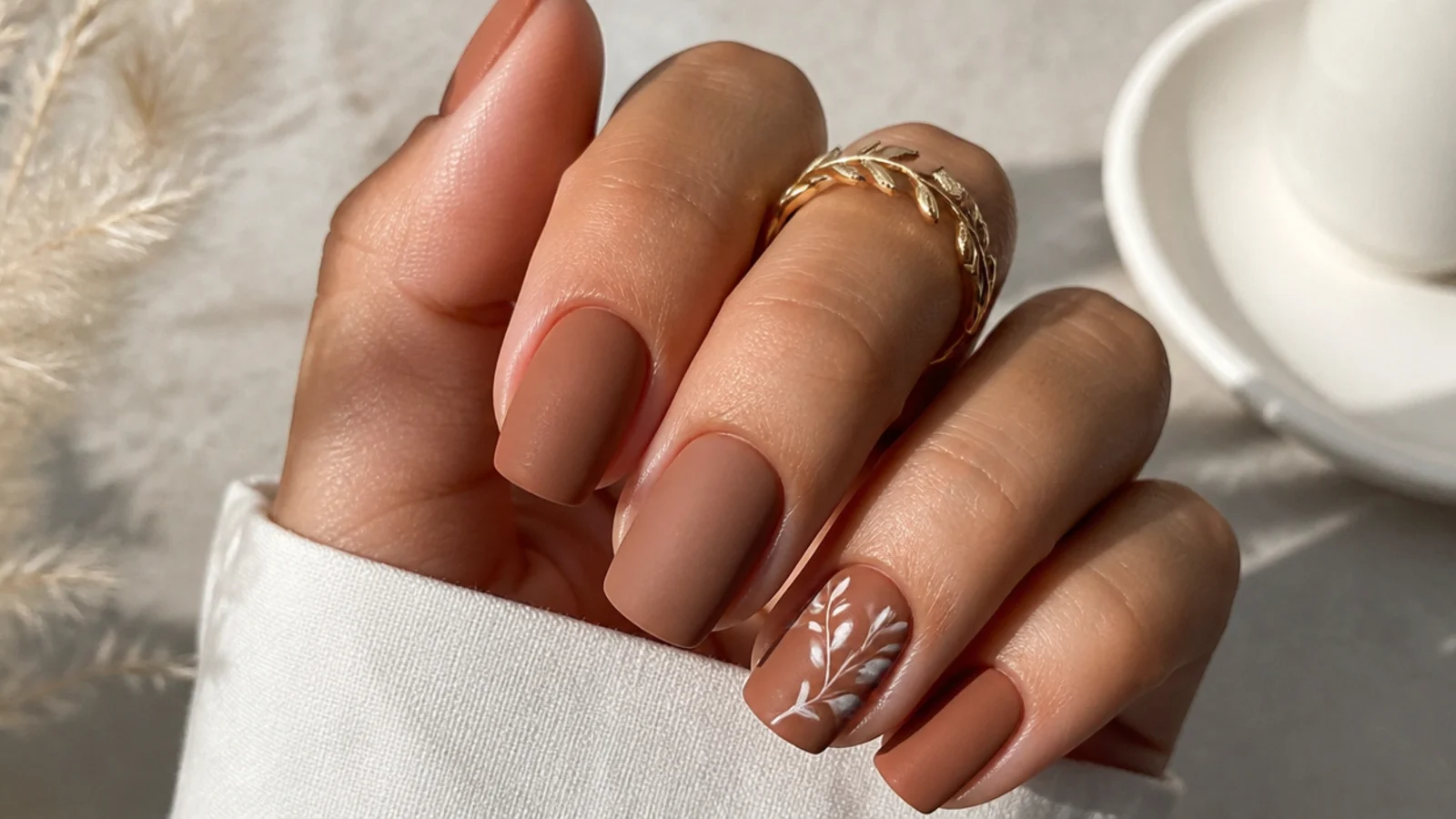 Warm matte caramel nude nails on a squoval shape
