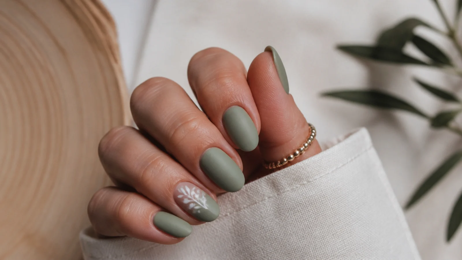 Soft matte sage green nails on short almond nails