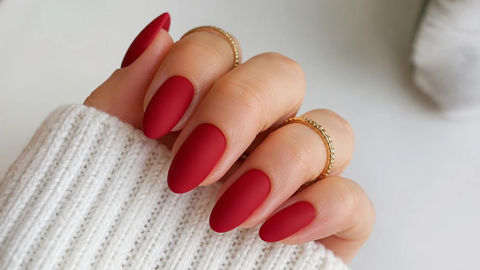 Bright matte cranberry red nails on an almond shape