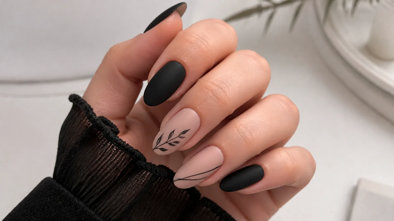 Soft velvety matte nails in black and nude on an almond shape