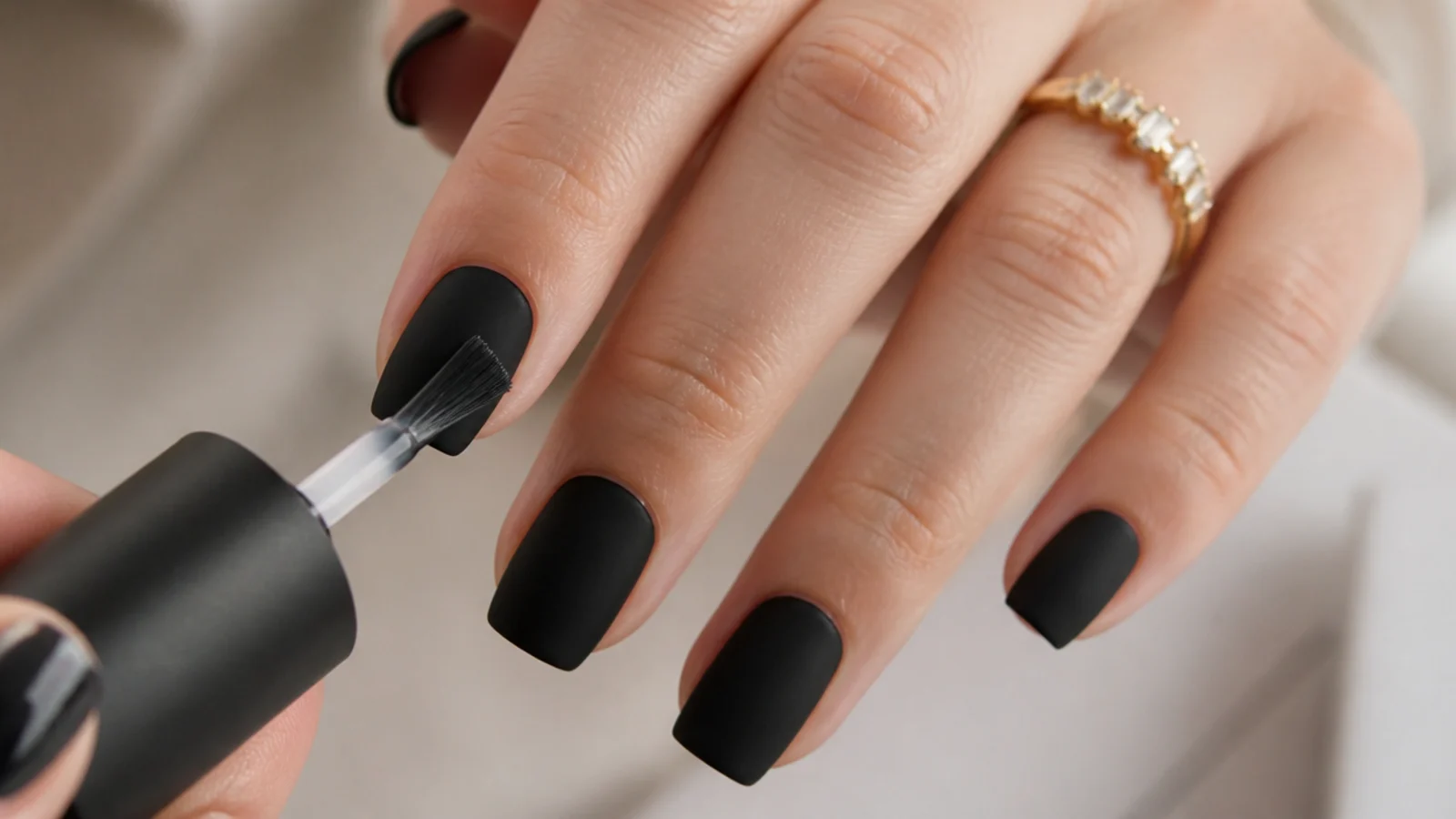 A matte gel top coat brushed over cured black gel for a flat finish