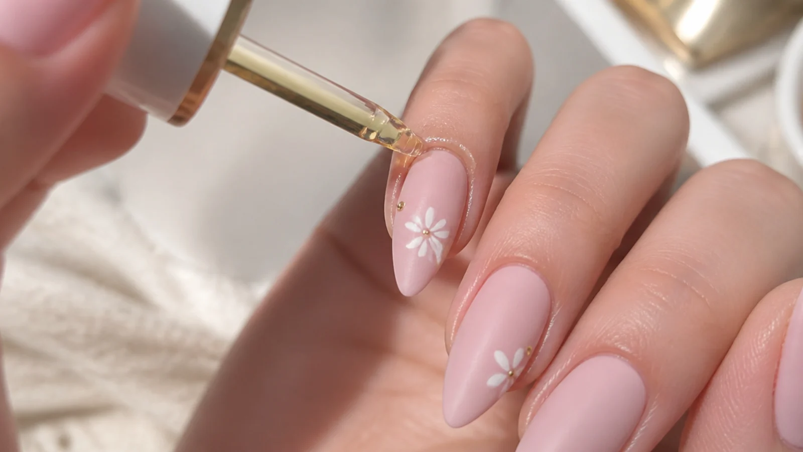 Cuticle oil being applied around the nail, not across the matte surface