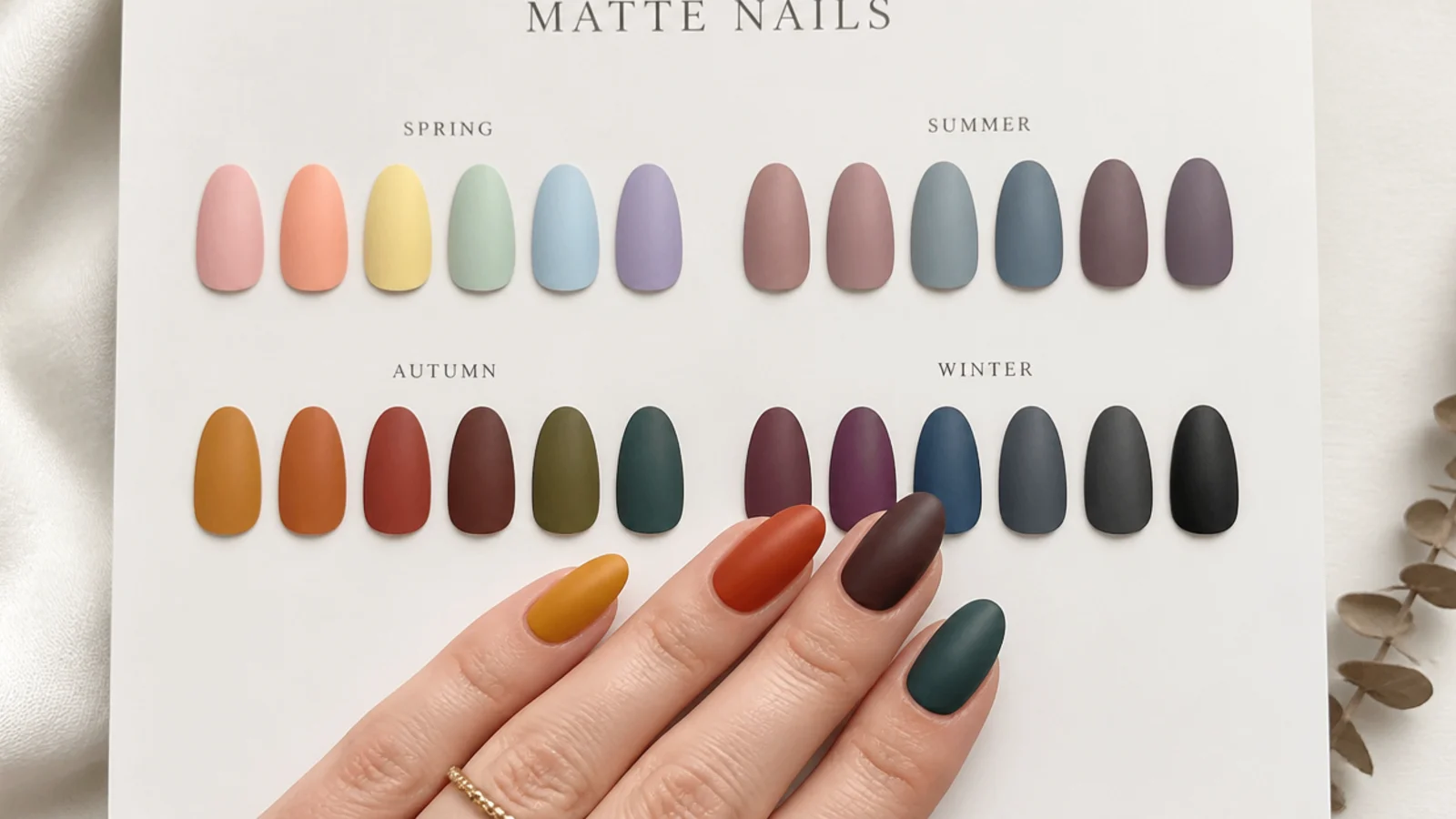 Matte nail swatches grouped by season from pastels to deep fall tones