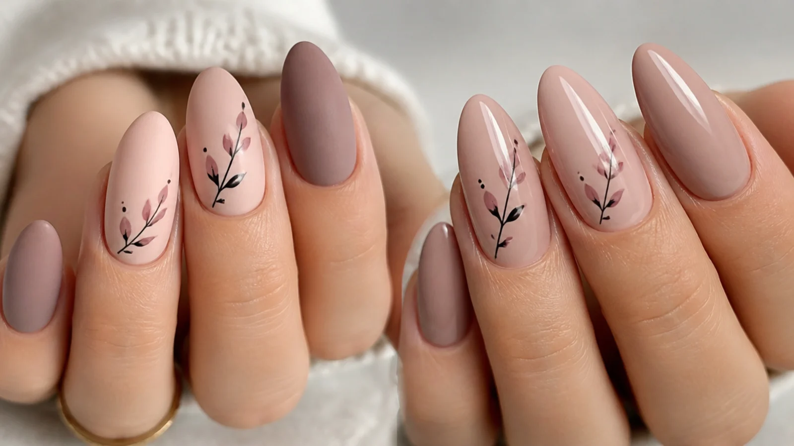 One hand with matte nails beside one with glossy nails for comparison