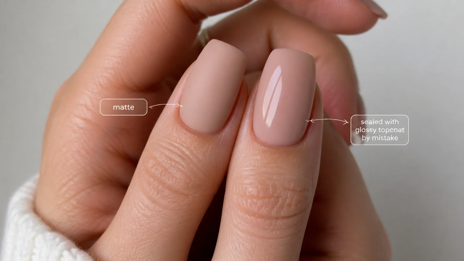Two matte nude nails, one sealed glossy by mistake beside one correctly matte