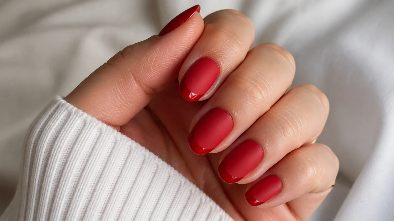 Matte red regular-polish nails going shiny at the tips after a few days of wear