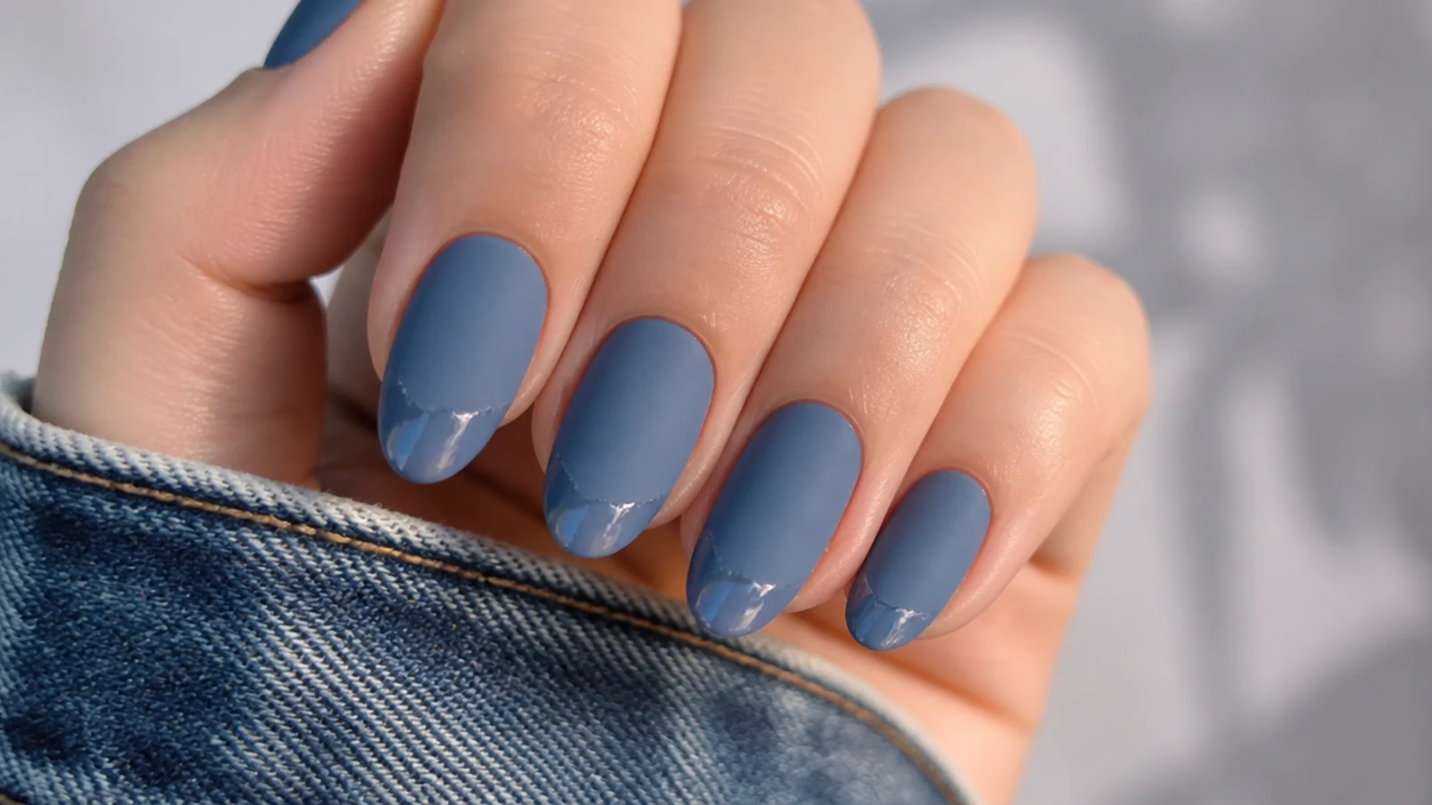 Matte blue nails chipping and going shiny along an uncapped free edge
