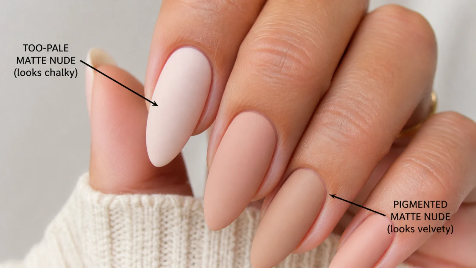 A too-pale matte nude nail looking chalky beside a pigmented matte nude that reads velvety