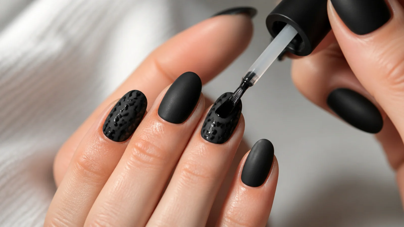 A matte gel top coat being brushed over cured black gel color before curing