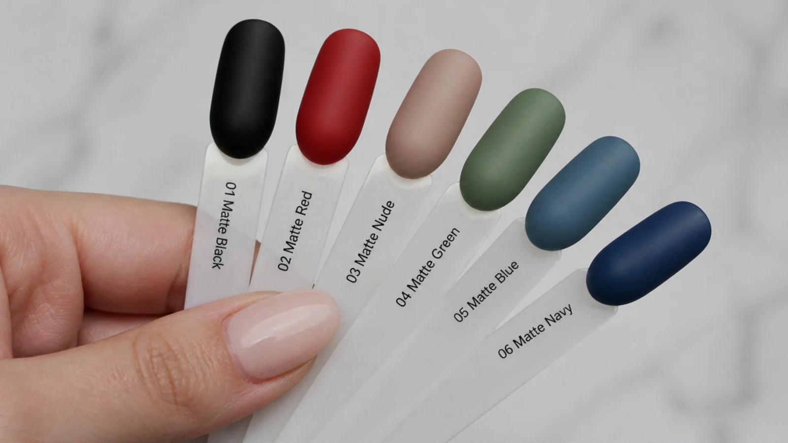 A fan of matte nail swatches in black, red, nude, green and blue across seasons