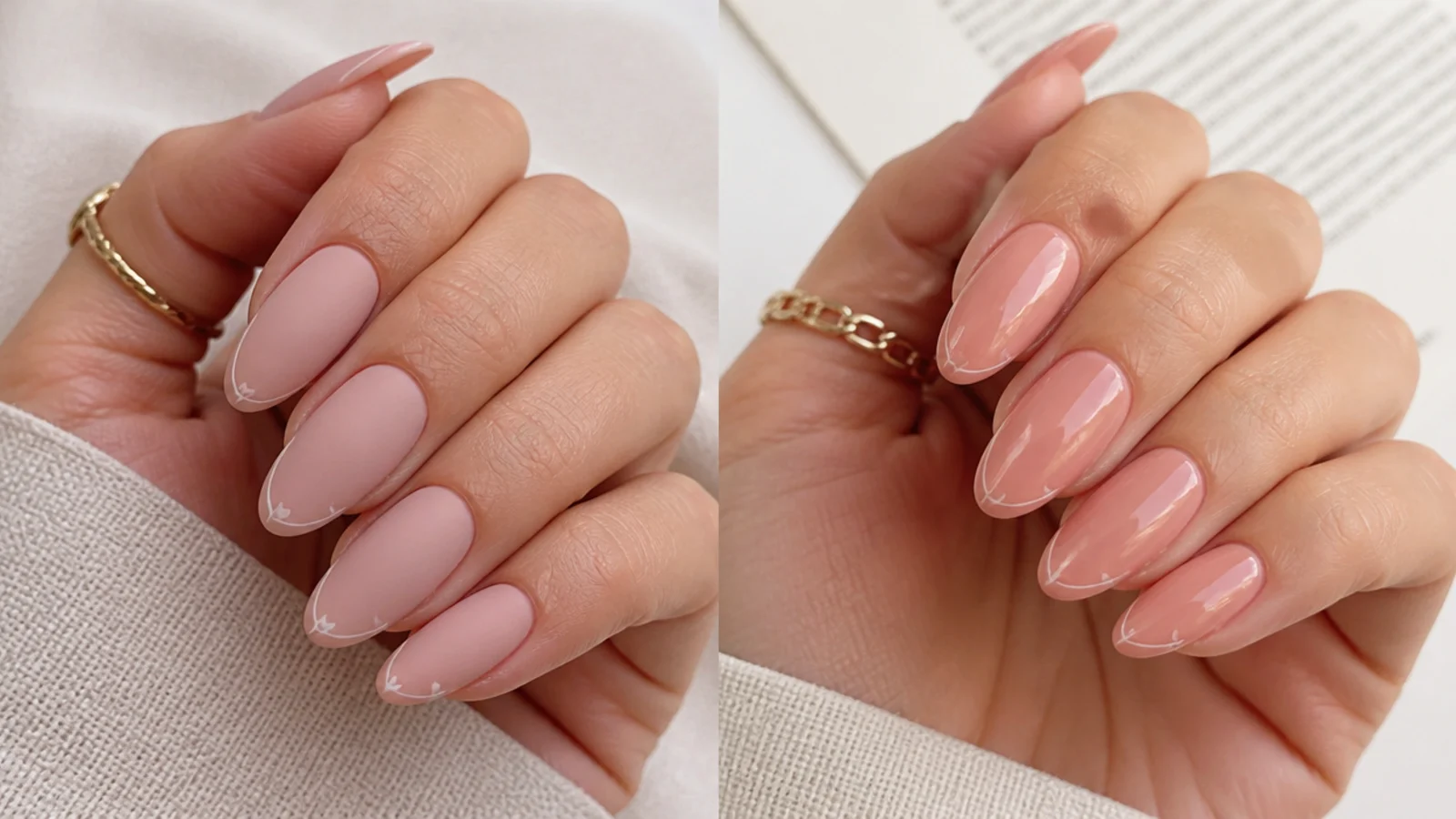 One hand in soft matte finish beside a hand in reflective glossy finish