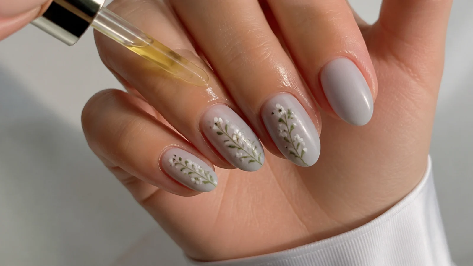 A hand applying cuticle oil around the skin only, keeping it off the matte plate