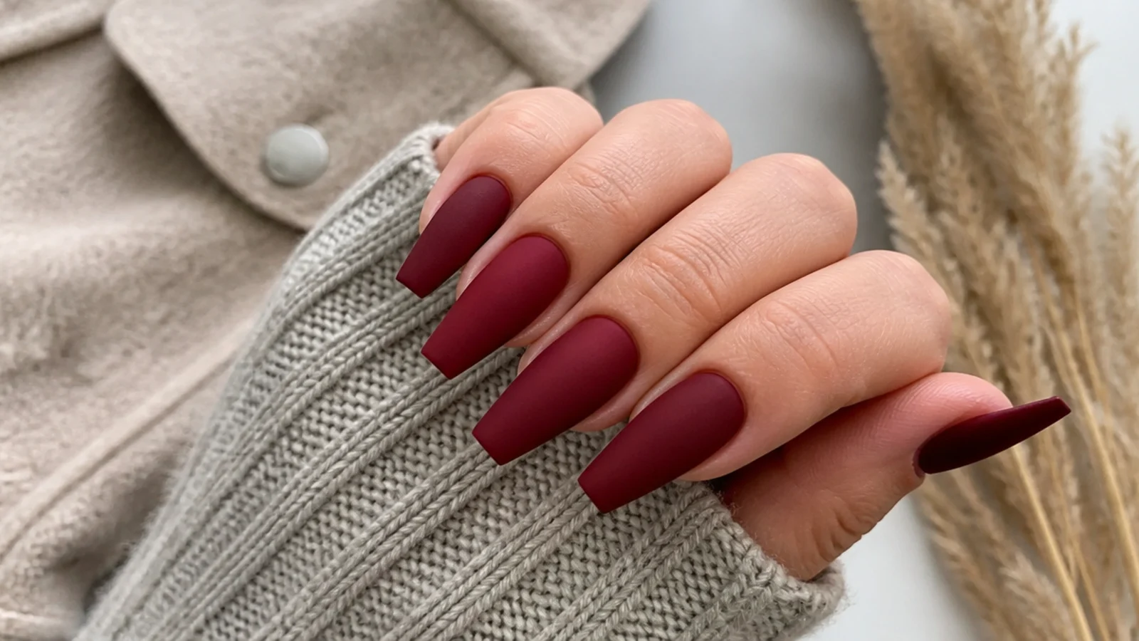 Coffin nails in deep matte oxblood red with a flat velvety finish