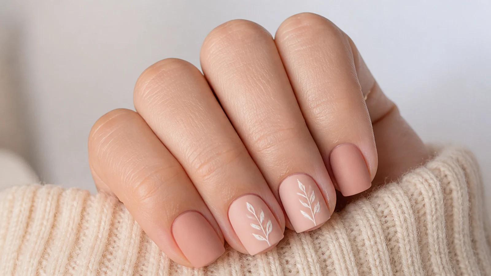 Short squoval nails in warm matte nude with a soft flat finish