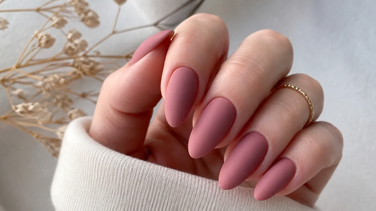 Almond nails in matte dusty rose pink with a velvety powder finish