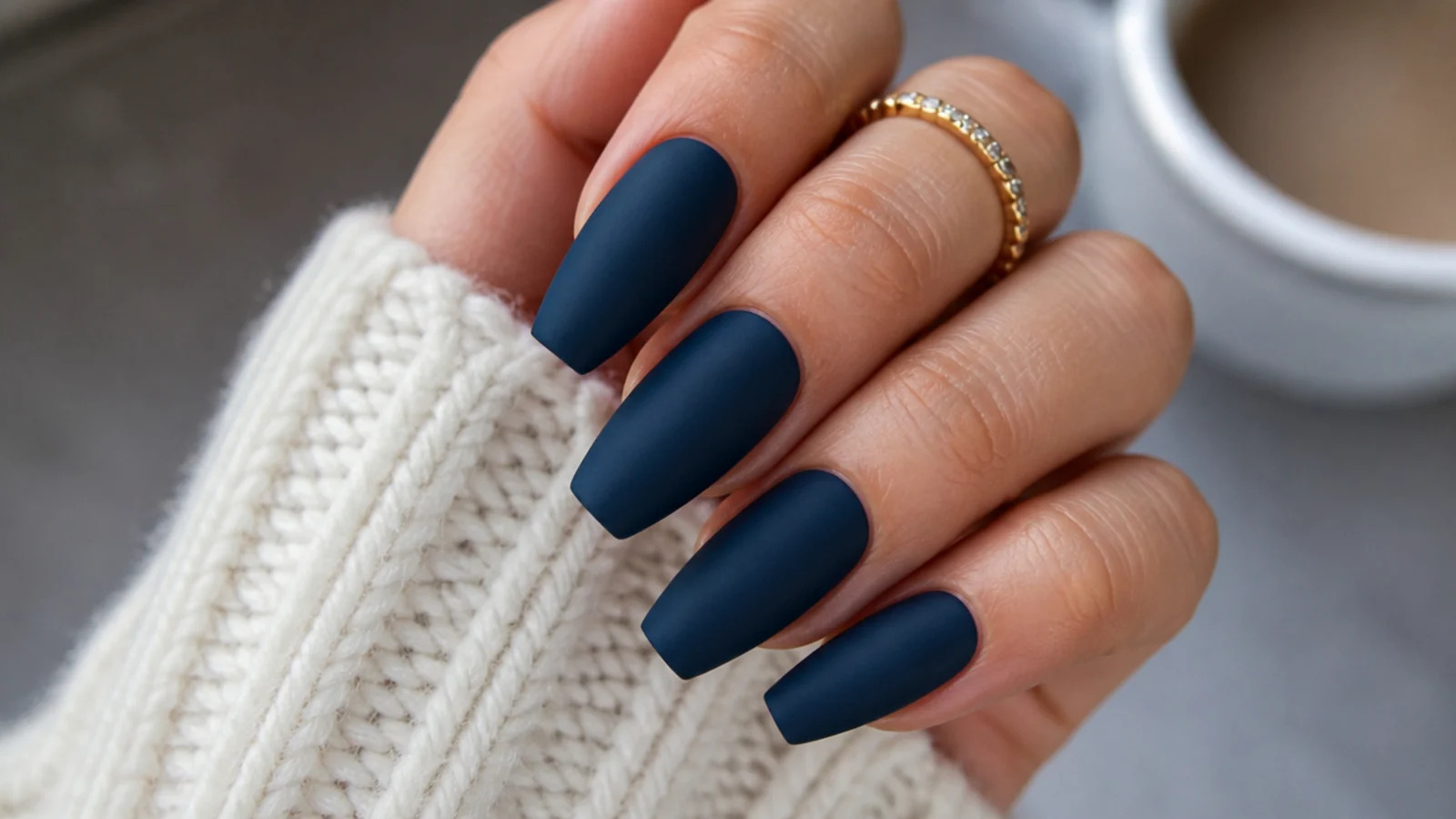 Coffin nails in matte midnight navy blue with a velvety flat finish