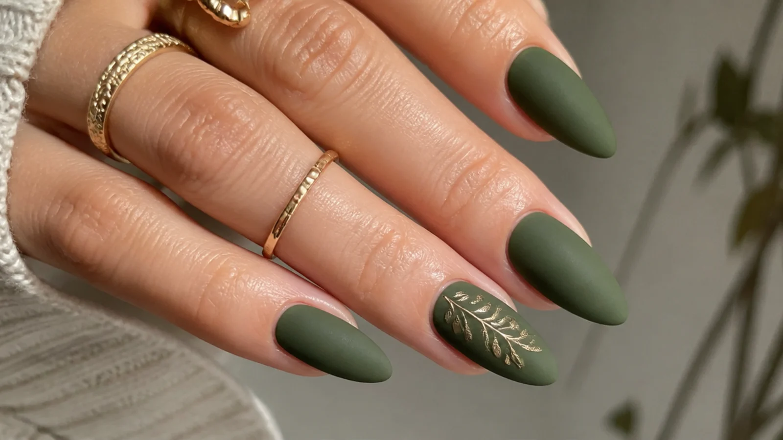 Almond nails in matte forest green with a soft mossy velvet finish