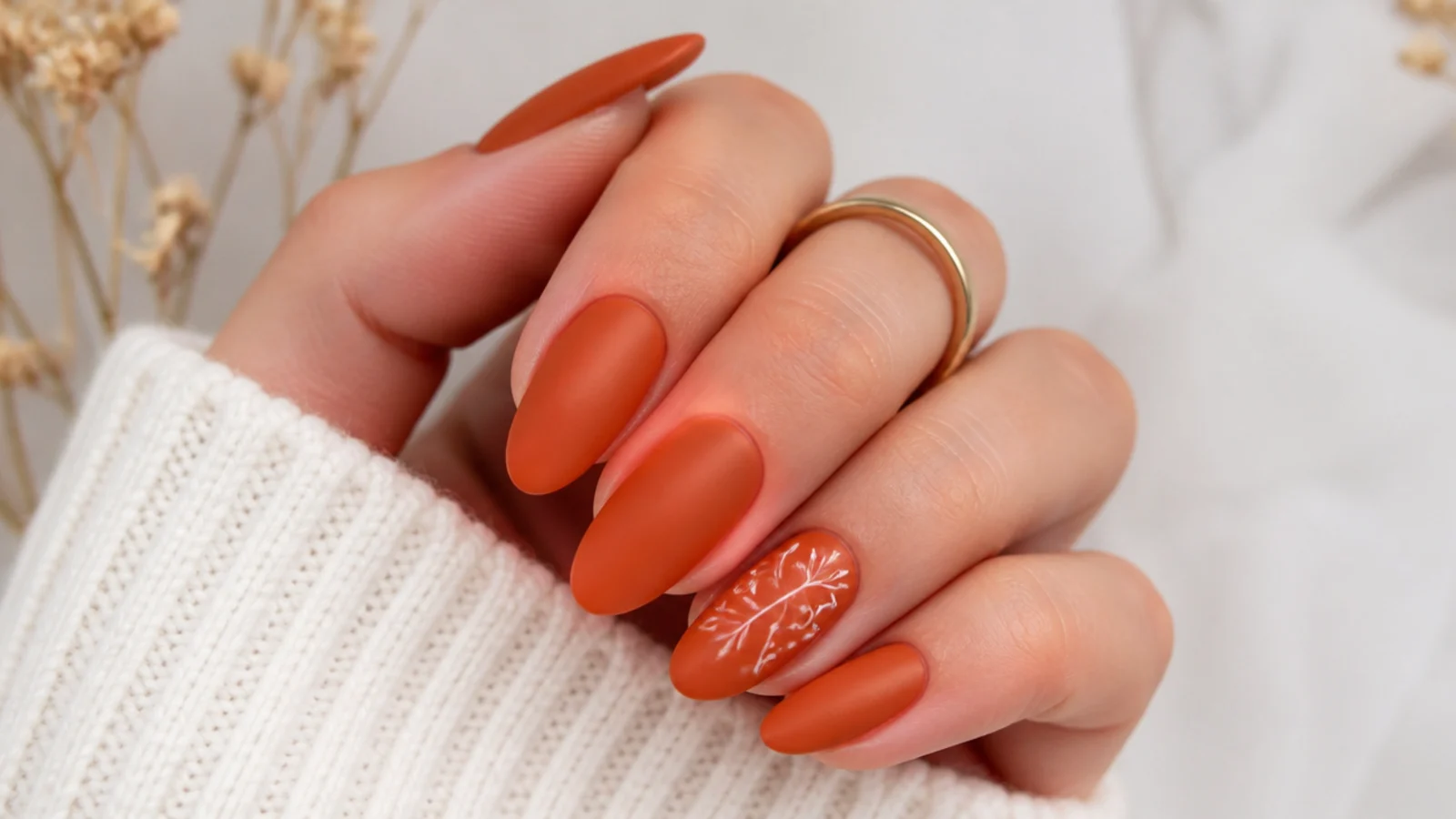 Almond nails in matte terracotta pumpkin orange with a dusty velvet finish