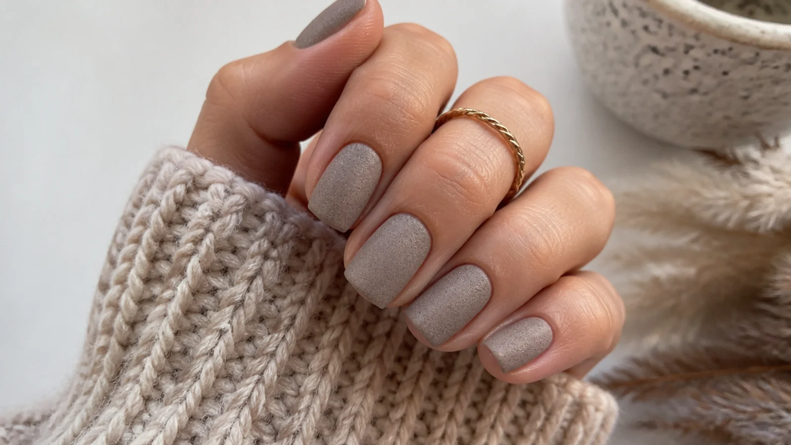 Short squoval nails in matte greige taupe with a soft concrete-like finish