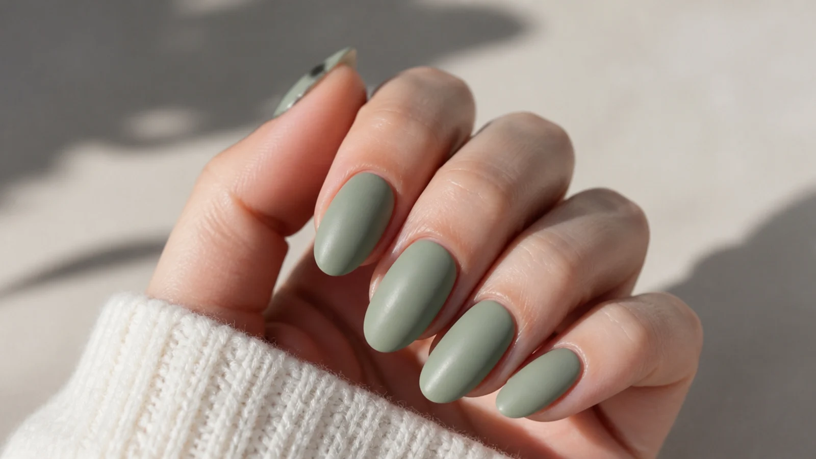 Almond nails in soft matte sage green with a dusty velvet finish