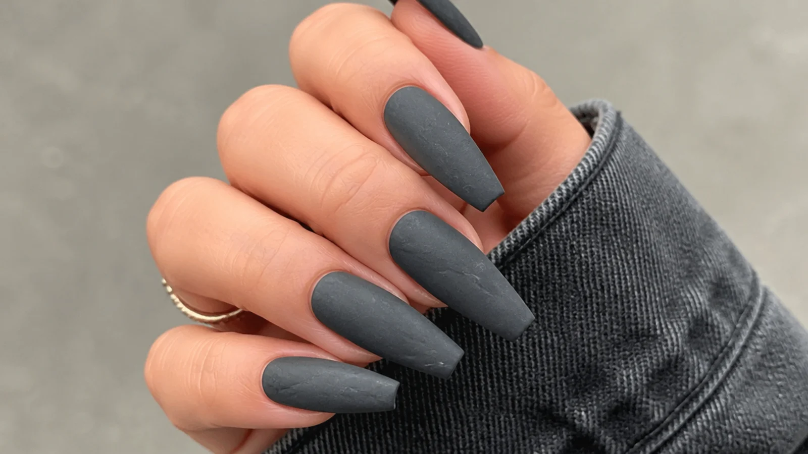 Coffin nails in matte charcoal gray with a soft stone-like flat finish