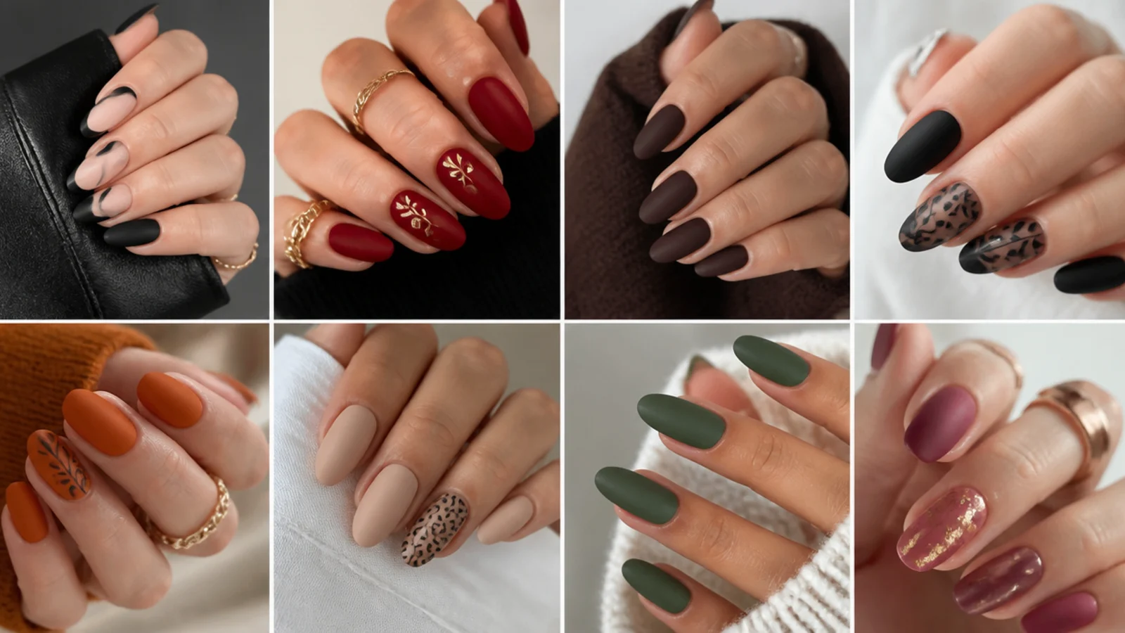 A saved collage of velvety matte nails in black, red, nude and fall shades