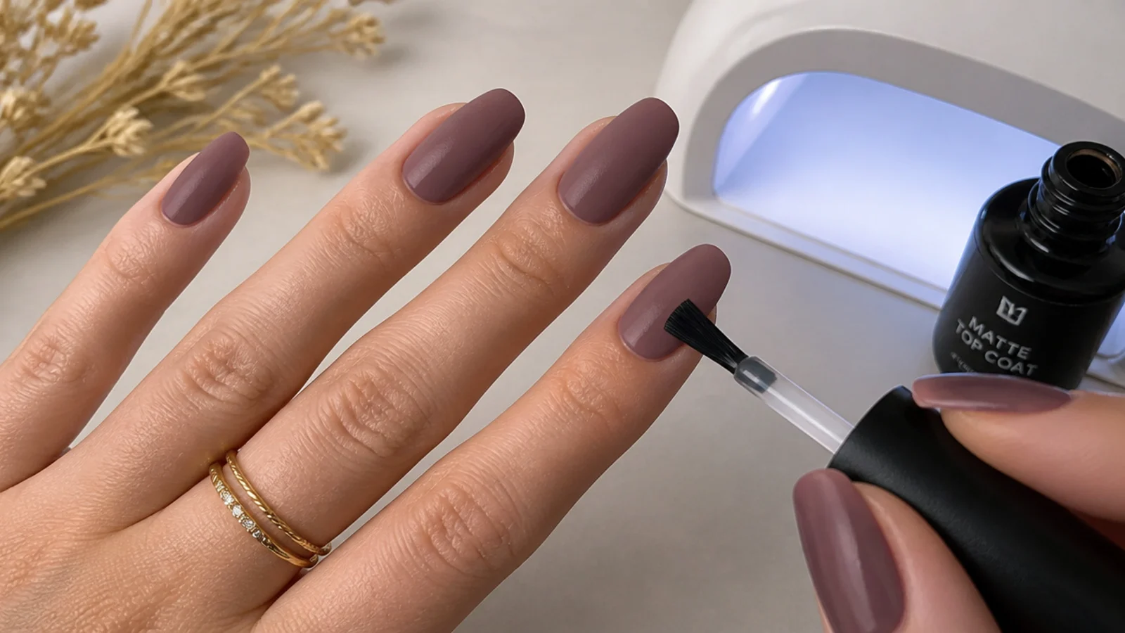 A matte gel top coat brushed over a colored nail next to an LED lamp