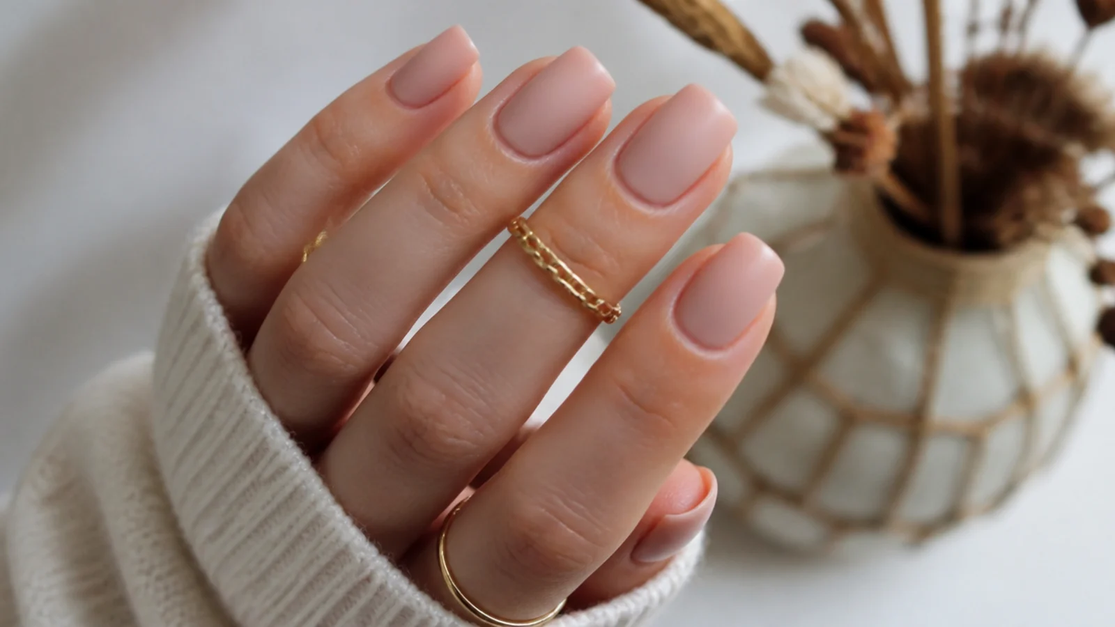 Soft matte nude nails on a squoval shape with a velvety finish