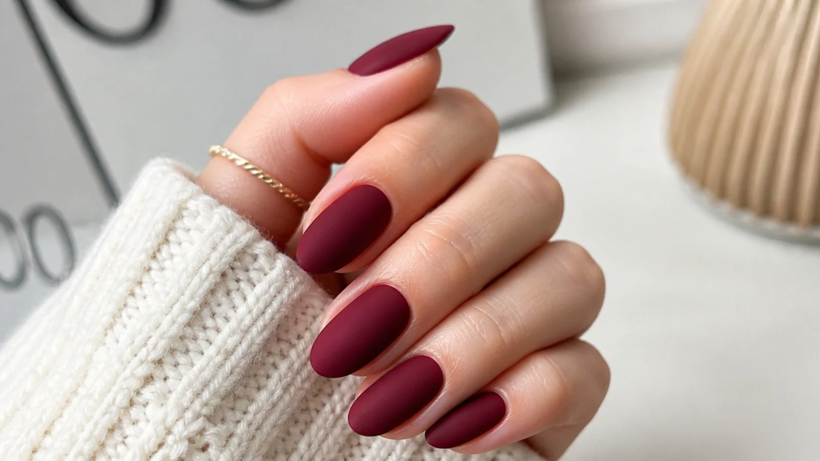 Deep matte oxblood red nails on an almond shape with a flat finish