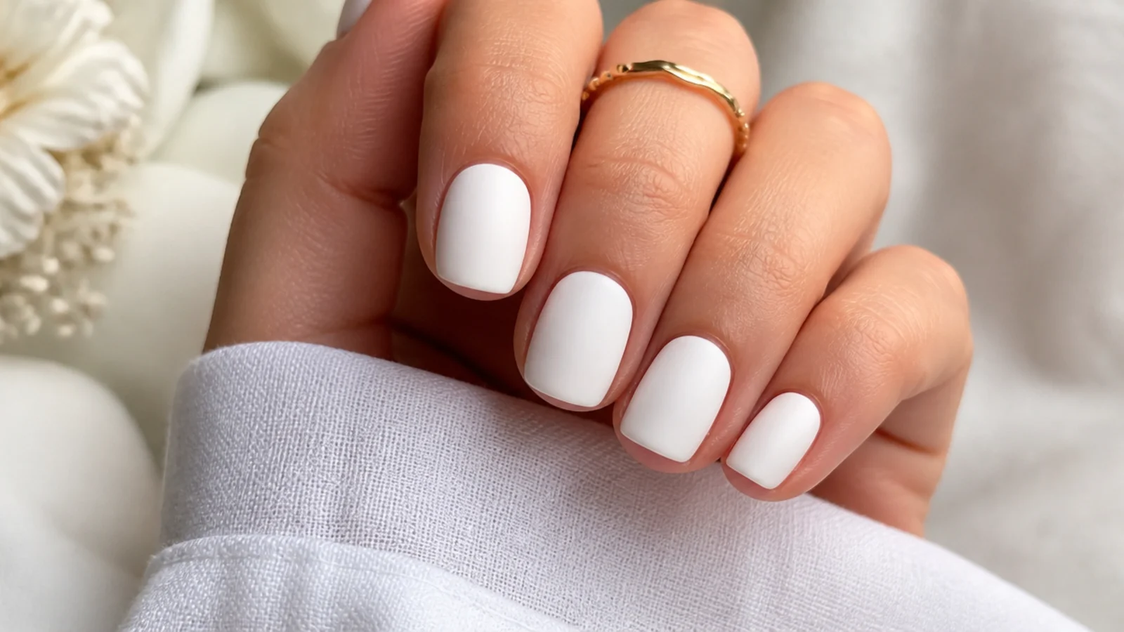 Clean matte white nails on short square nails with a soft flat finish