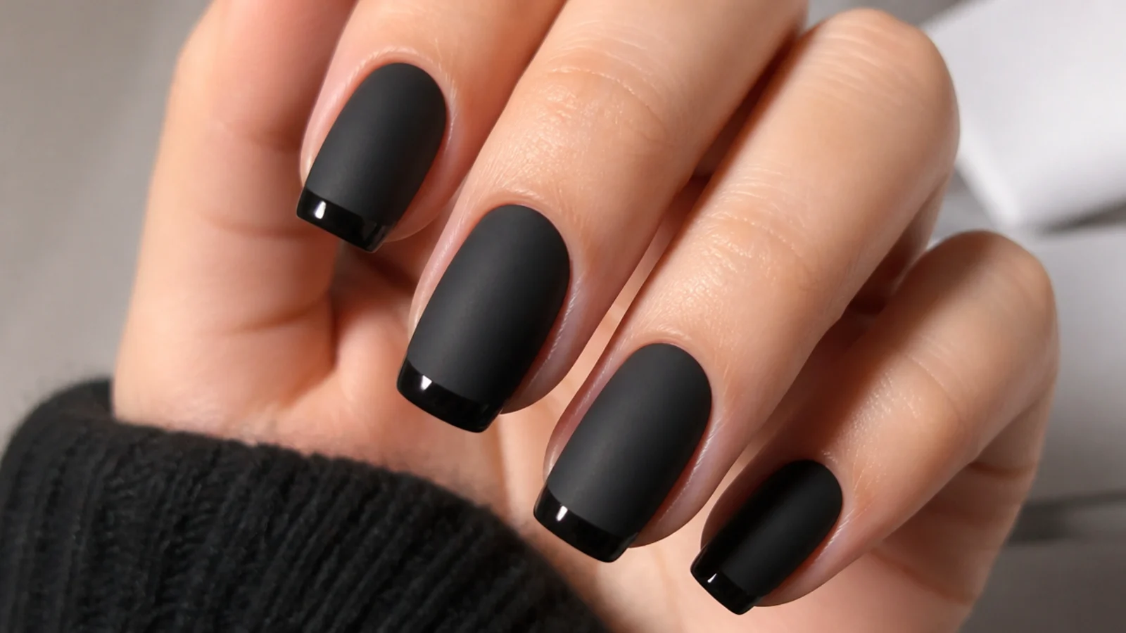 Matte black nails with a glossy black tip stripe for contrast