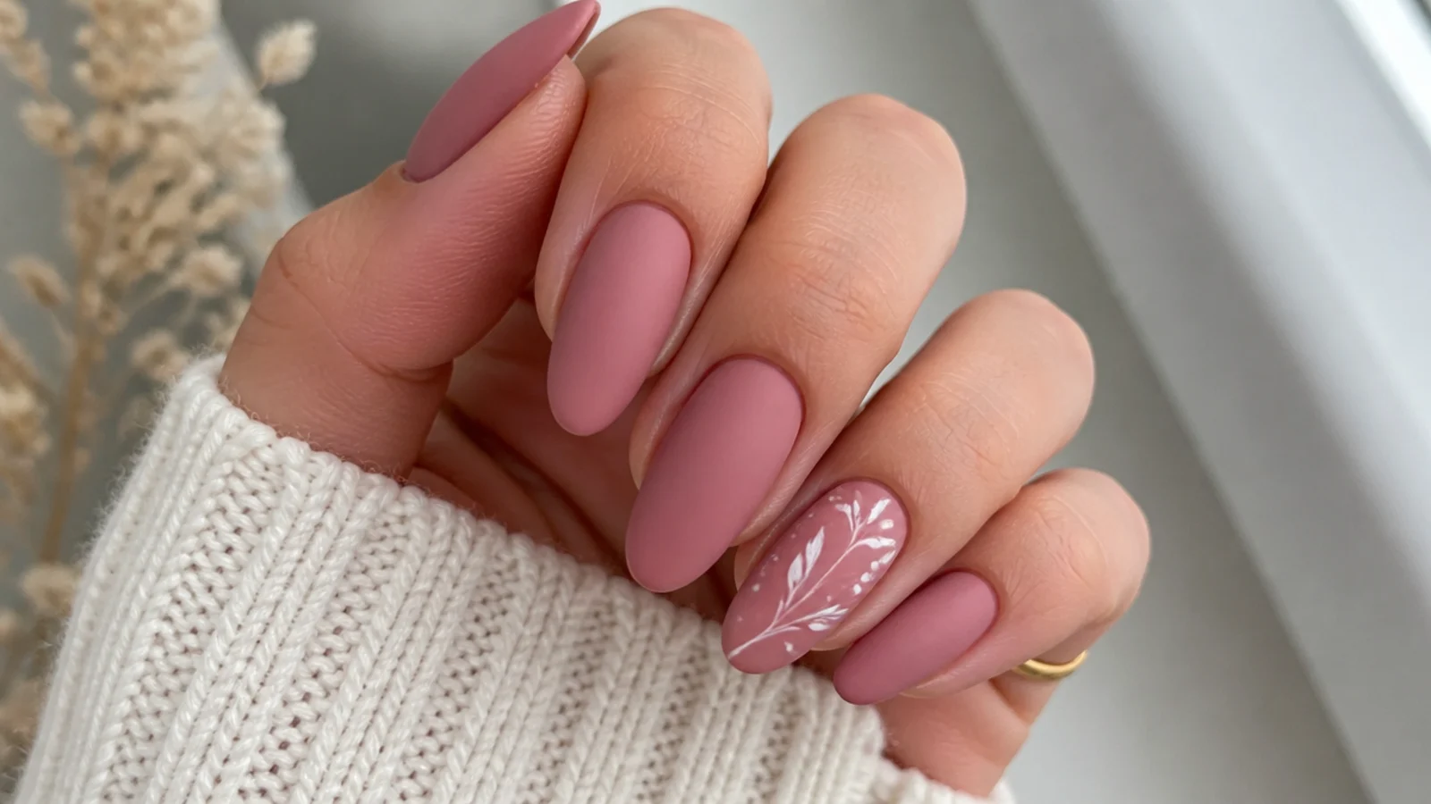 Soft matte dusty rose pink nails on an almond shape