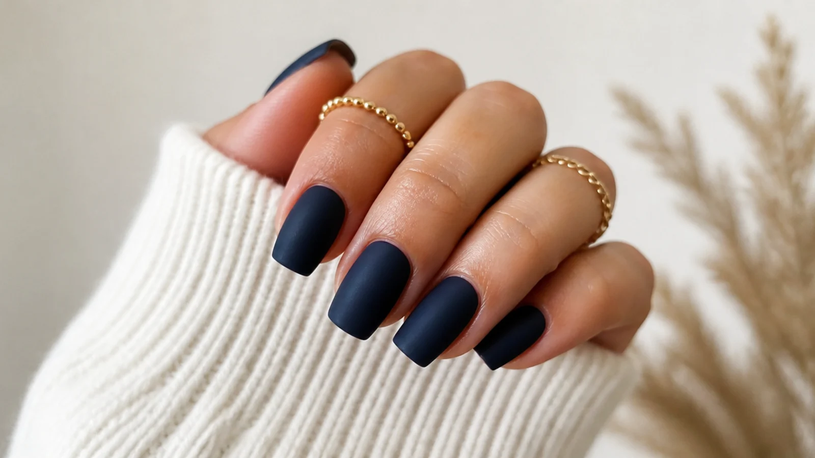 Deep matte navy blue nails on a square shape with a soft flat finish
