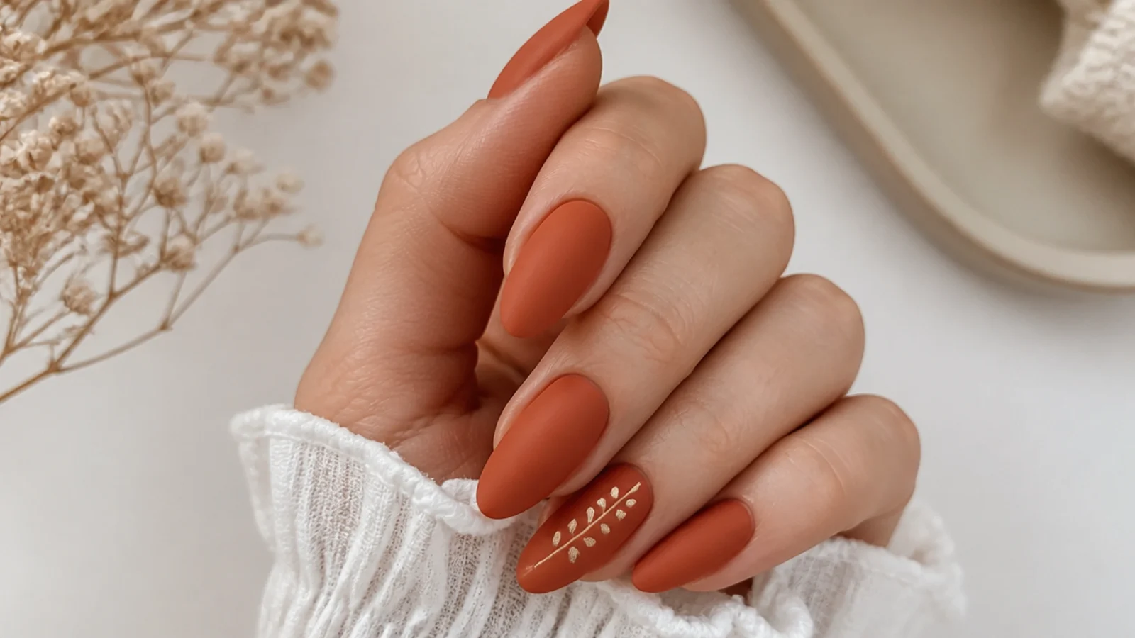 Warm matte terracotta clay nails on an almond shape