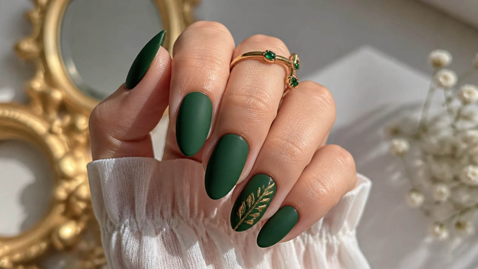 Jewel-toned matte emerald green nails on an almond shape