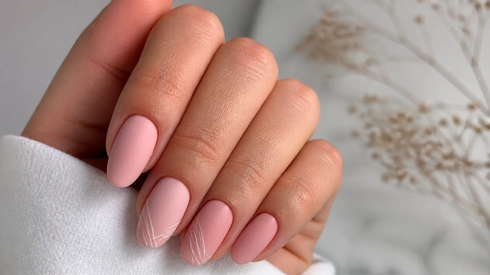 Soft matte blush pink nails on a short almond shape
