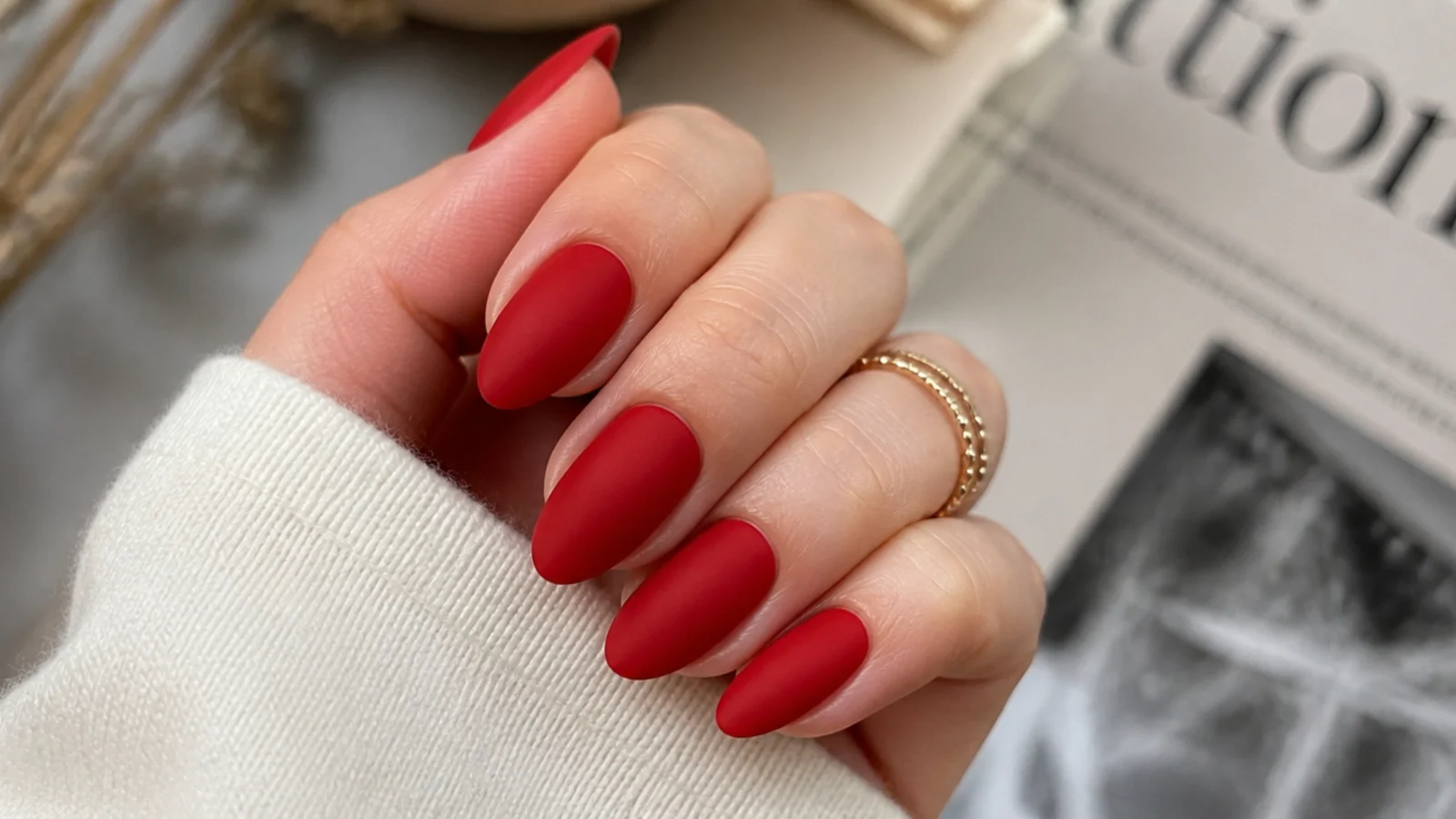 Bright matte cherry red nails on an almond shape