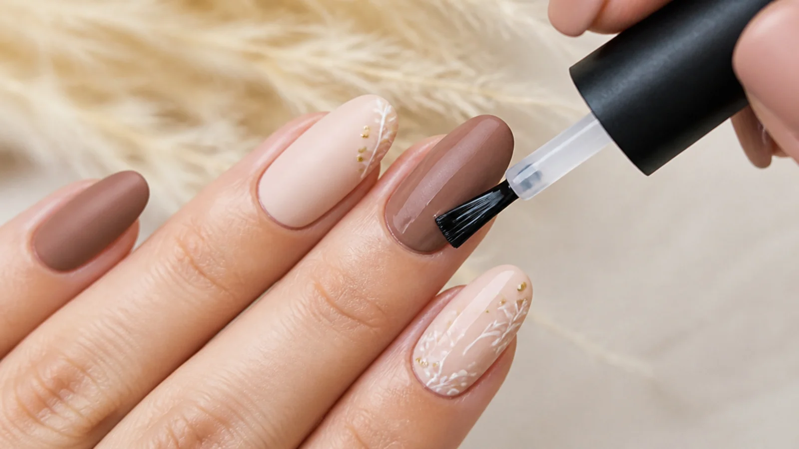 A matte gel top coat brushed over a cured color nail at home