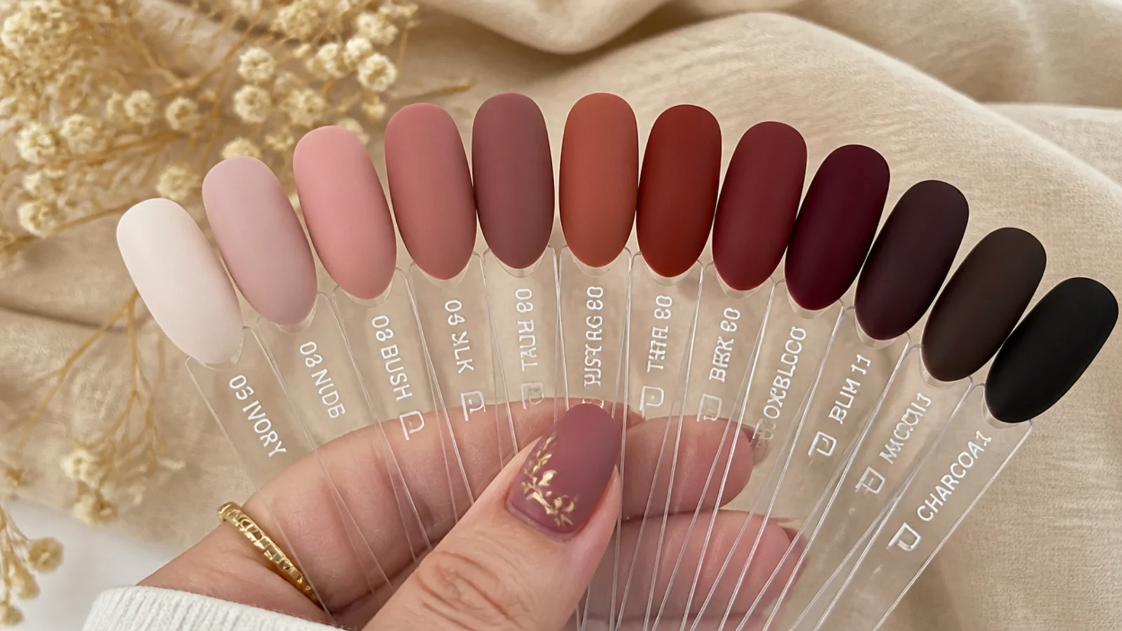 A fan of matte nail swatches from soft nudes to deep fall shades