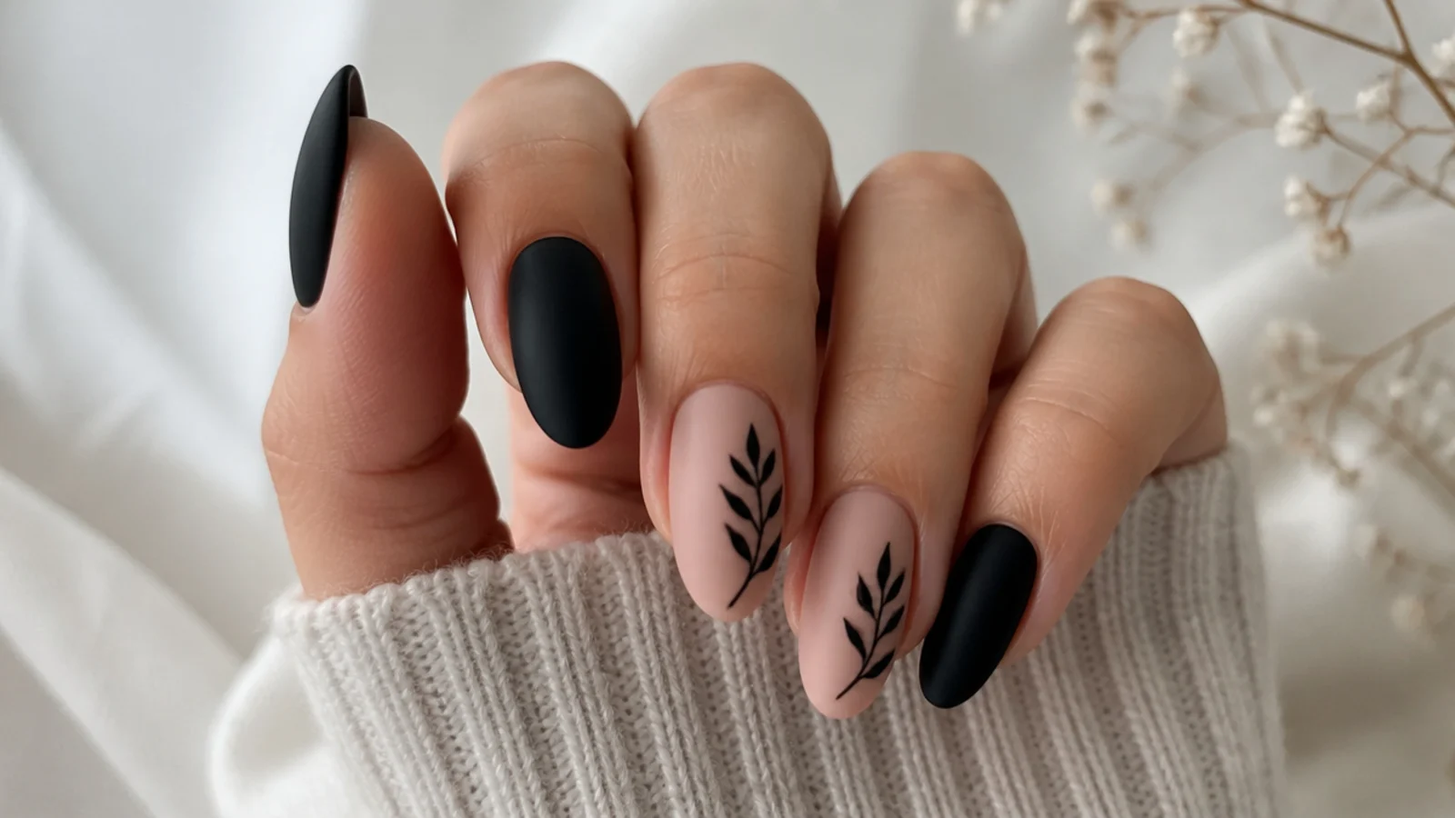 Soft velvety matte black and nude nails on an almond shape with no shine