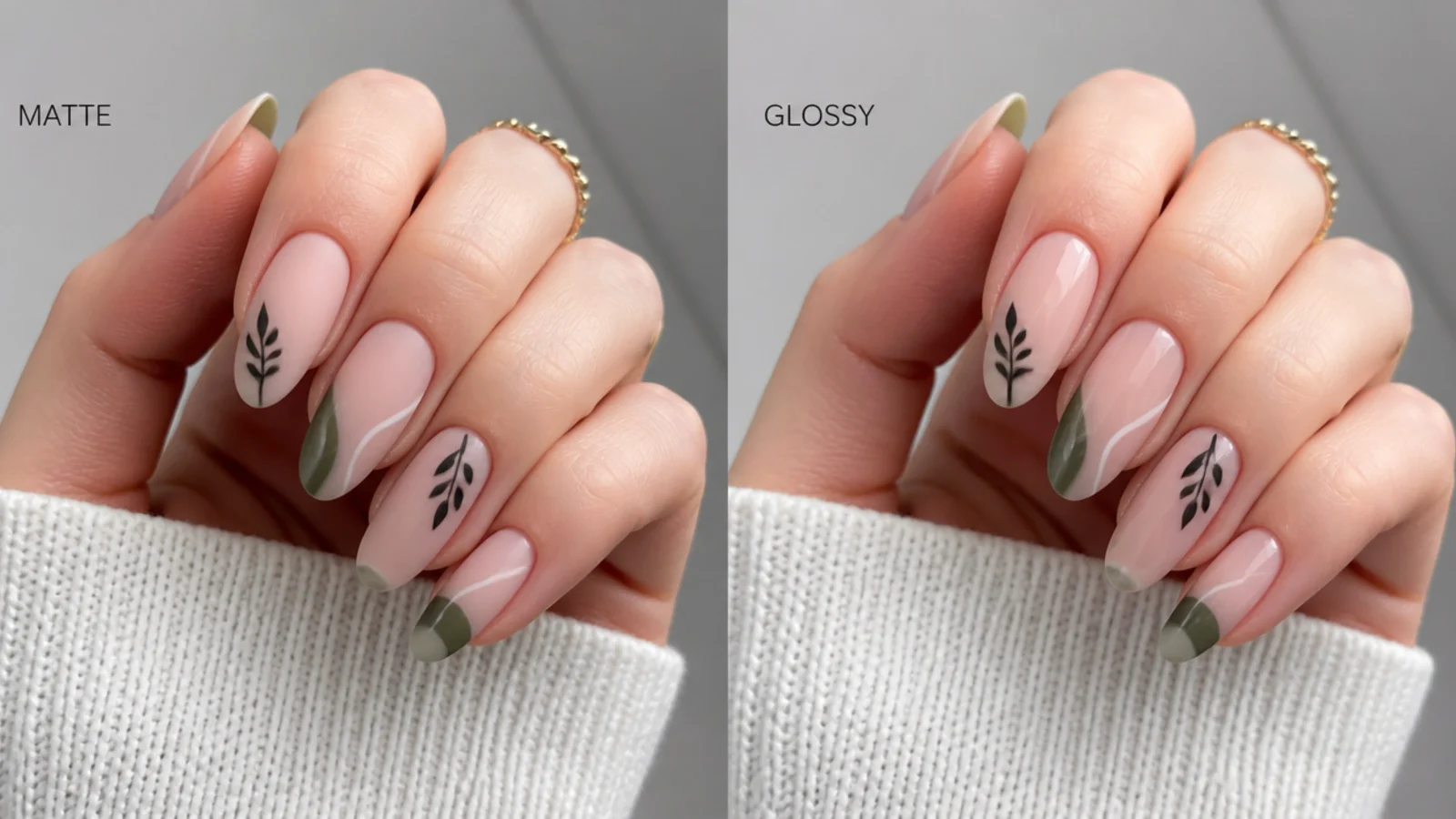 Split nail comparison showing a flat matte finish beside a shiny glossy one